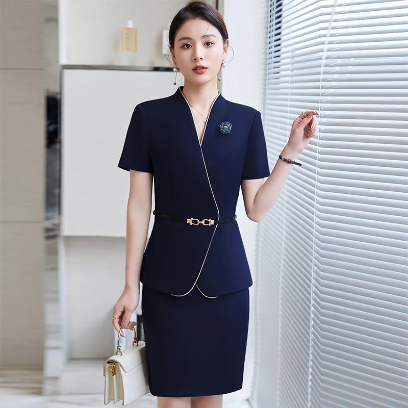 

2022 New High Quality Women Elegant Blazer 2 Piece Set Summer Slim Suit Hotel Office Overalls Professional Wear Casual Skirt