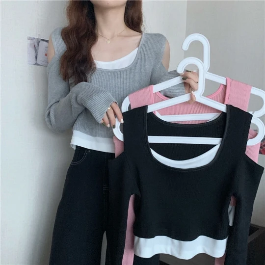 

Strapless NEW Hollowed Loose Tops Slim Woman Pullover Knitted Sweater Jumper Spring Top Cloth Clothes Women Girl Lady Suéter