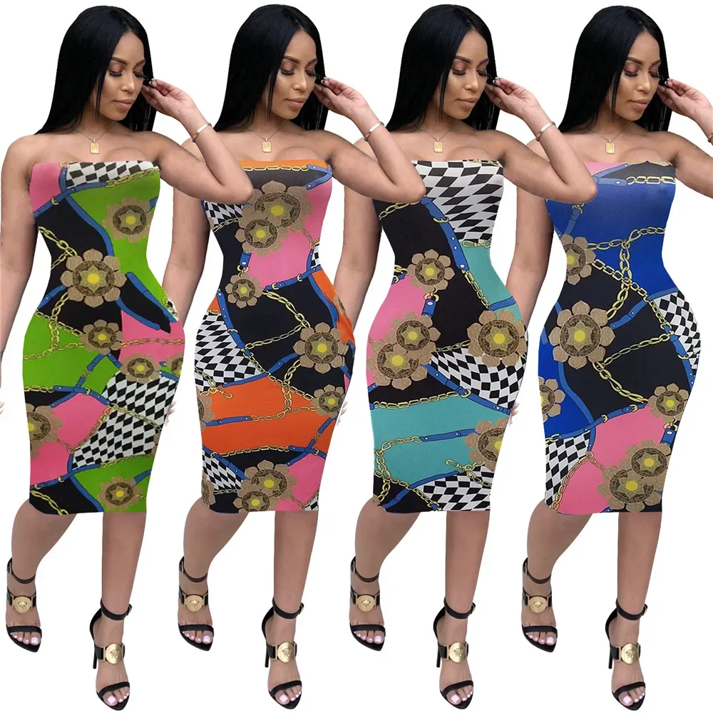 Сексуальный принт без бретелек летние платья средней длины женская одежда оптом