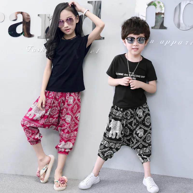 

2023 Summer kids calf-length Boys girls pants Thai elephant pattern harem pants Teenager children trousers For 10 12 14 16 Years