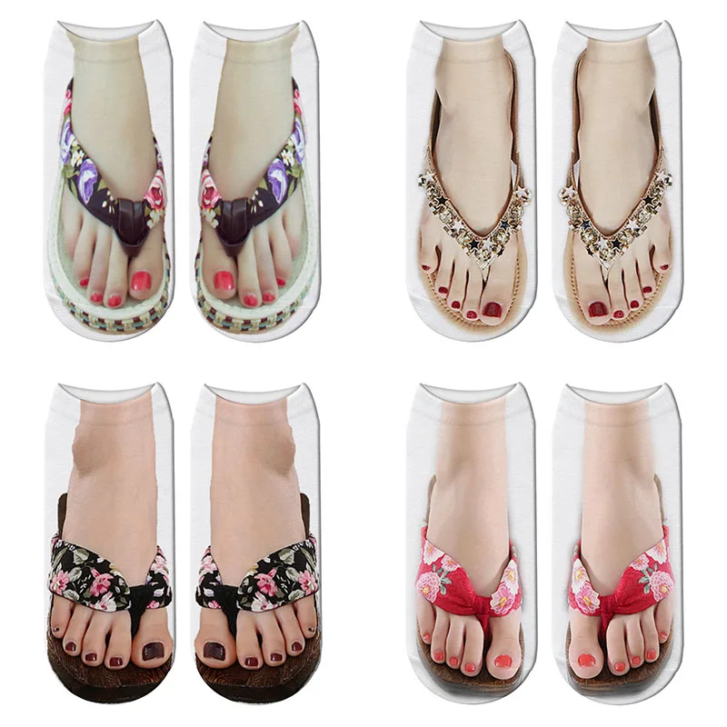 

New 3D Printed Ladies Beach Slippers Pattern Short Socks Summer Women Cotton Kawaii Sandals Slippers Ankle Sock Calcetines Mujer