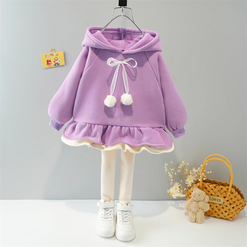 Spring Autumn Baby Girls Hooded Lace Plush Sweater Pants Kids Sportswear Children Clothing Sets Outdoor Infant Clothes Outfit