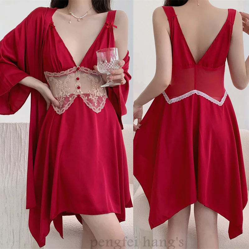 

Sexy V-Neck Spaghetti Strap Burgundy Lace Loungewear Women Bathrobe Set Casual Nightgown Bow Sleepshirt Loungewear Home Dress