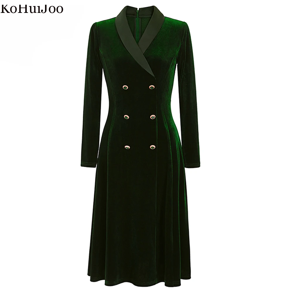 KoHuiJoo  Solid Fashion Velvet Dress Double Breasted Vintage Slim Mid-Calf  Elegant Dresses Women Spring Autumn Dress 2022