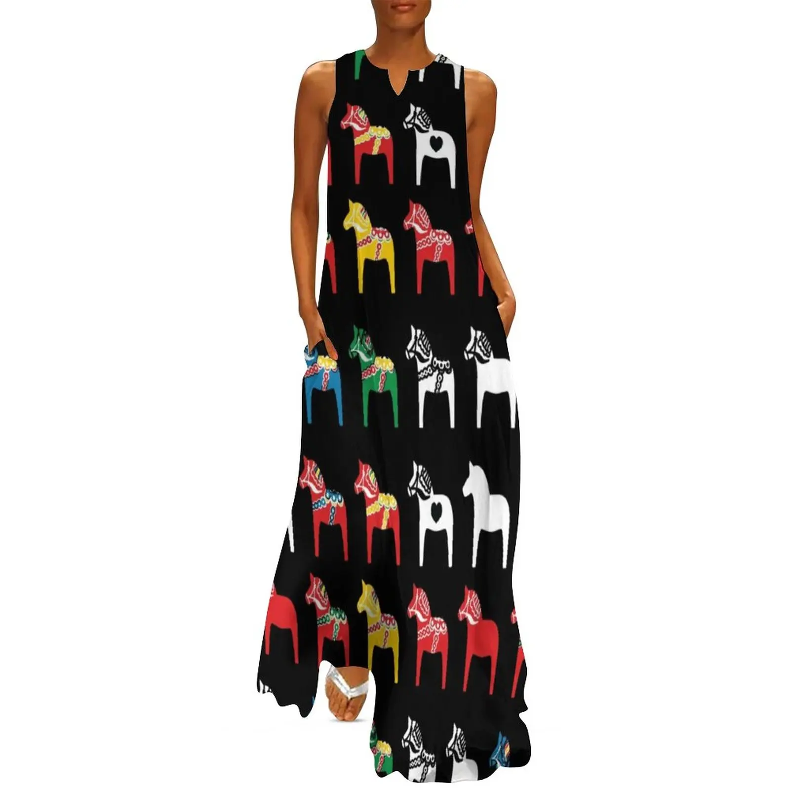 

Sweden Horse Colorful Dress Dala Horses Traditional Art Vintage Maxi Dress Custom Bohemia Long Dresses Fashion Oversized Clothes