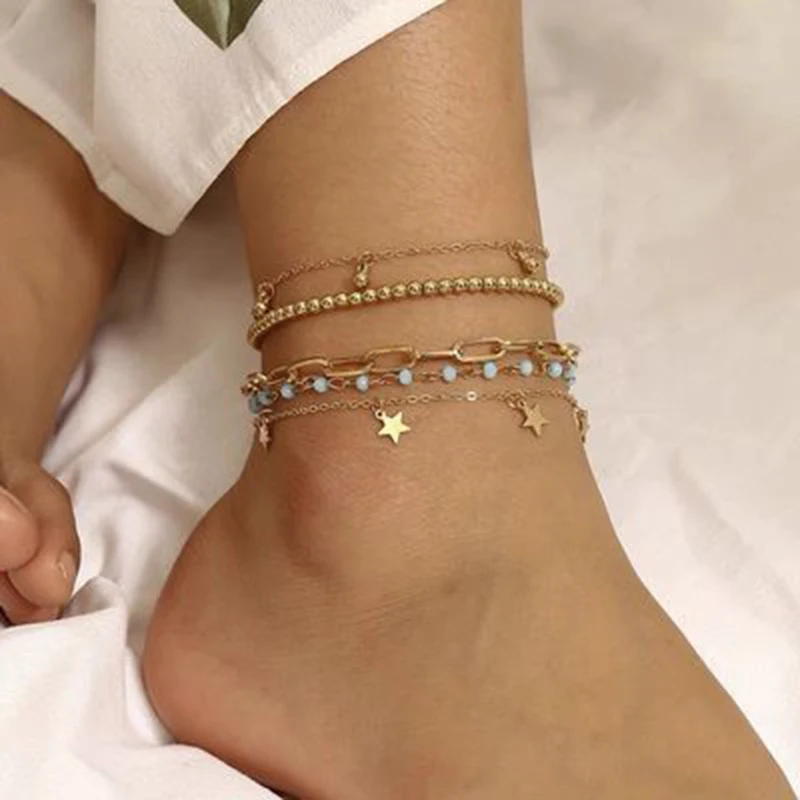 

5 Pcs Pentagram Bead Handcrafted Women Anklet Adjustable Beaded Anklet With Bracelet Fashion Foot Jewelry Accessories Birthday