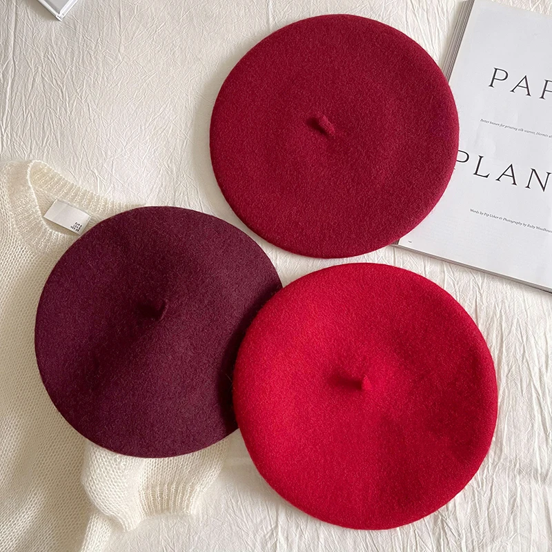 

Luna&Dolphin Women 90% Wool Mushroom Berets Autumn Winter Purplish Red Knitting Artist Cap Painter Beanie Hat Sweet Color