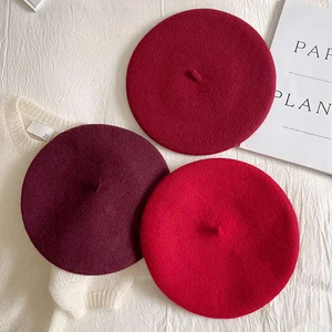 Luna&Dolphin Women 90% Wool Mushroom Berets Autumn Winter Purplish Red Knitting Artist Cap Painter B