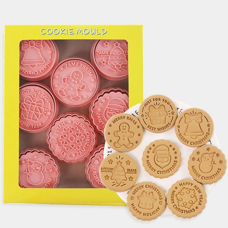 

8 Pcs 3D Christmas Cookie Stamps Set Biscuit Mold Fondant Pastry Cookie Cutter