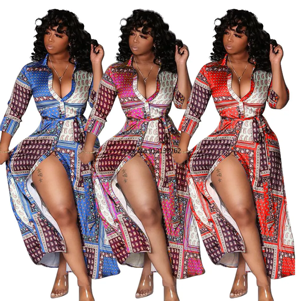 

African Long Dresses for Women Africa Clothing African Long Sleeve V-neck Polyester Printing Dashiki Maxi Dress African Clothes