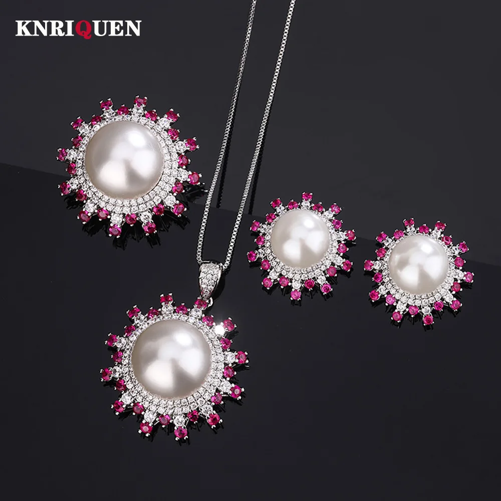 Женский ювелирный комплект из колье и серёг с рубиновым Камнем 12-16 мм