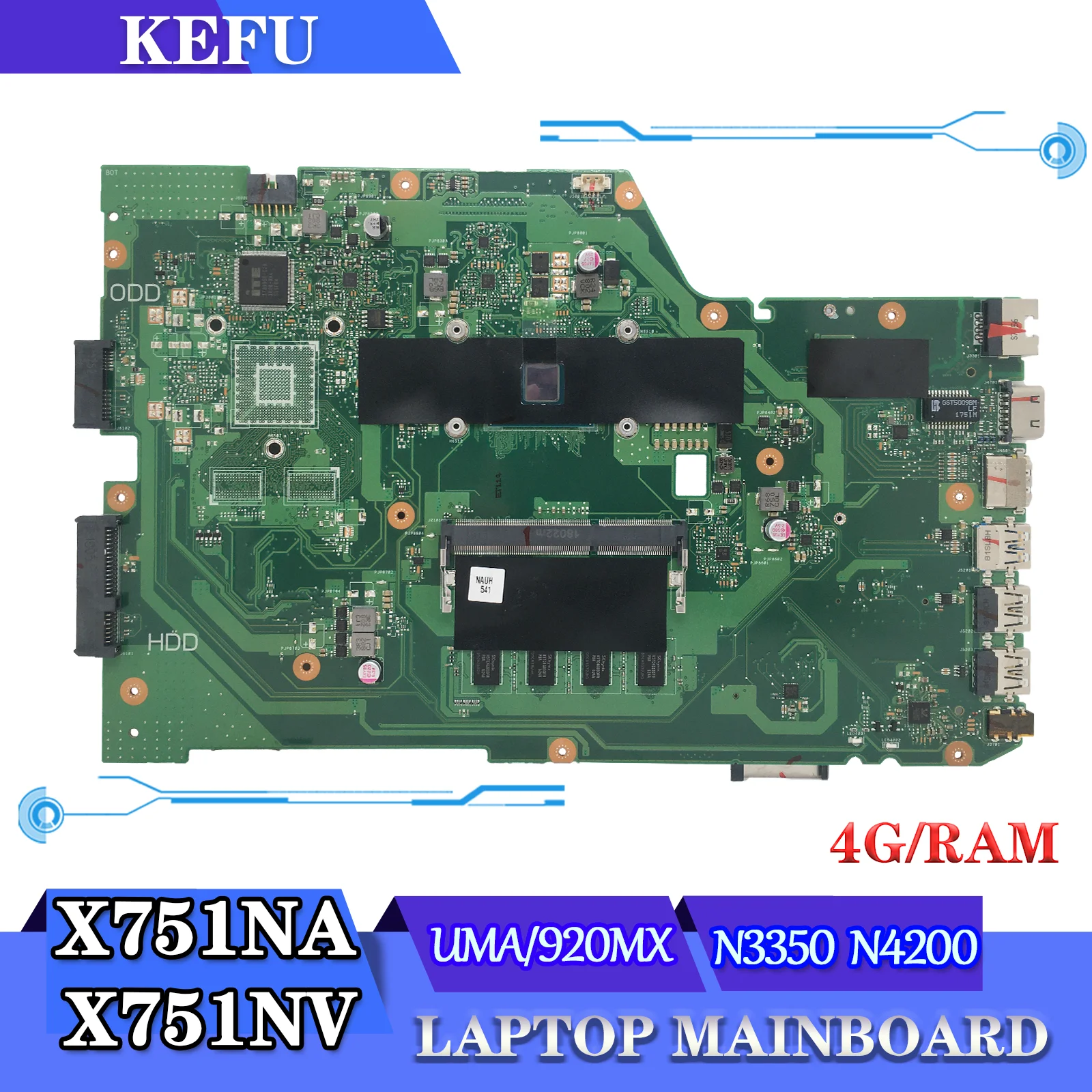 

KEFU Notebook X751NV N4200/N3350 4GB-RAM 920MX/UMA Mainboard For ASUS X751NA X751NC X751N X751 Laptop Motherboard MAIN BOARD