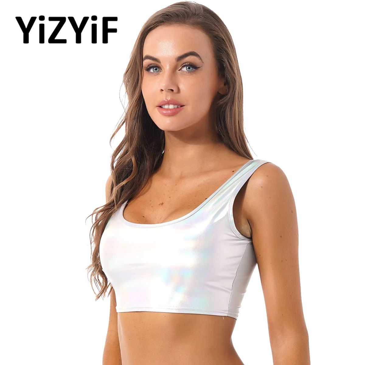 

Women Sexy Sleeveless Reflective Crop Top U Neck Holographic Metallic Bralette Tank Top Stage Performance Vest Rave Clubwear