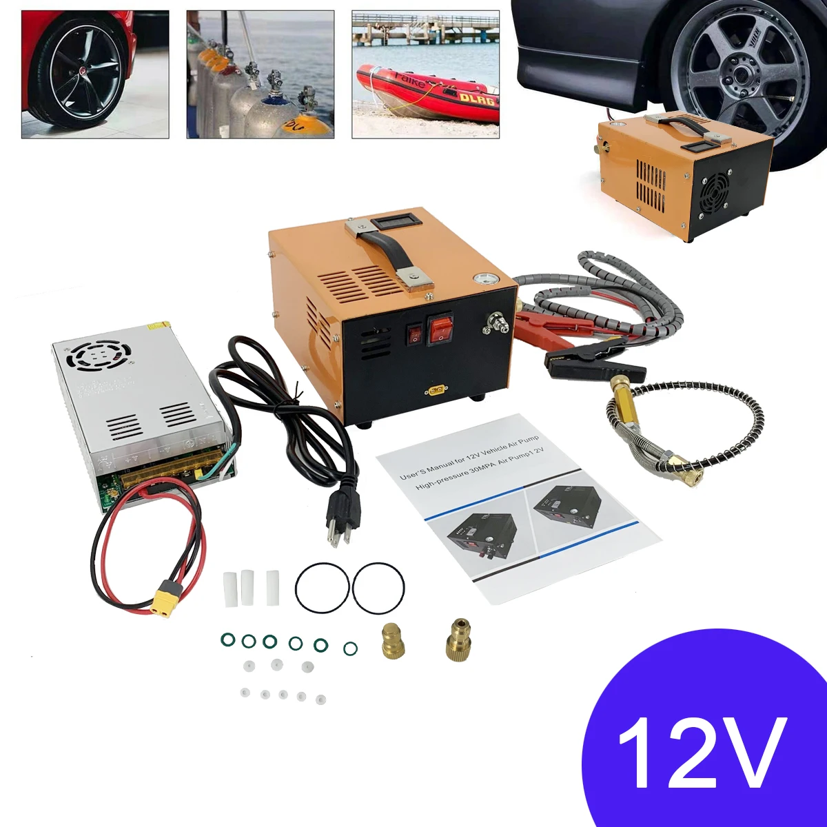 

4500Psi 300Bar PCP Air Compressor DC12V / AC 110V Transformer High Pressure Pump 30MPa Pneumatic Airgun Rifle Inflator