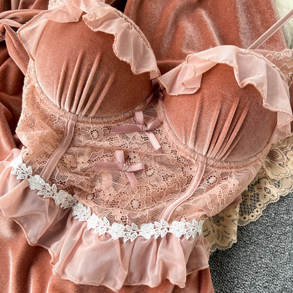 Velvet pajamas suit female spring and autumn style sexy wipe chest suspender skirt long shawl cardigan two-piece set