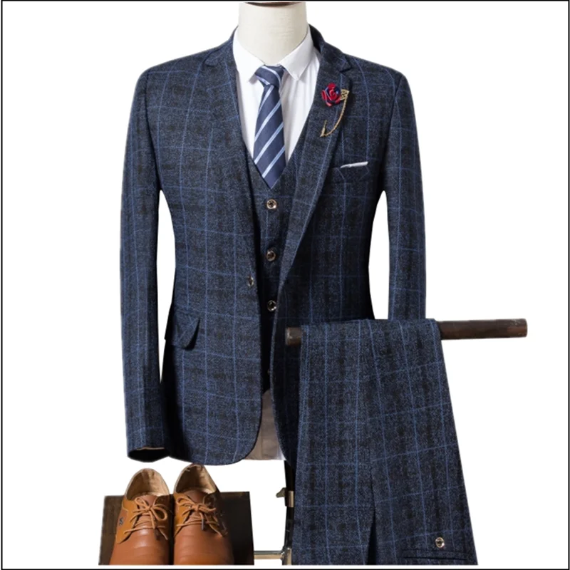 

(Jacket + Vest + Pants) 2021 Men's Slim Fit Suit Mens Business Plaid Suit Sets Mens Wedding Tuxedos Suits Mens Suits 3 Piece