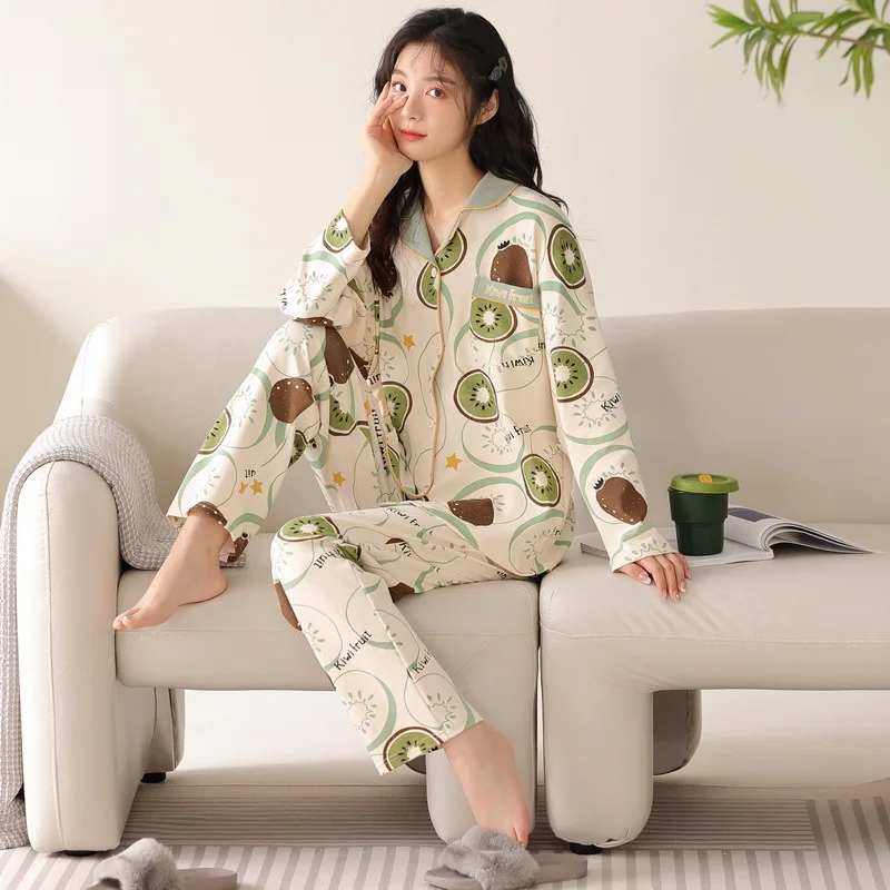 Yasuk Spring Autumn Fashion Women Casual Soft Print Sleepwear Homewear Pajamas With Pants Sweet Kiwifruit Girl Simple Cotton