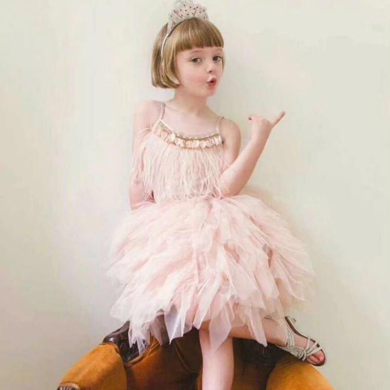 Платье с подтяжками и перьями для девочек бутиковое платье бисером блестками