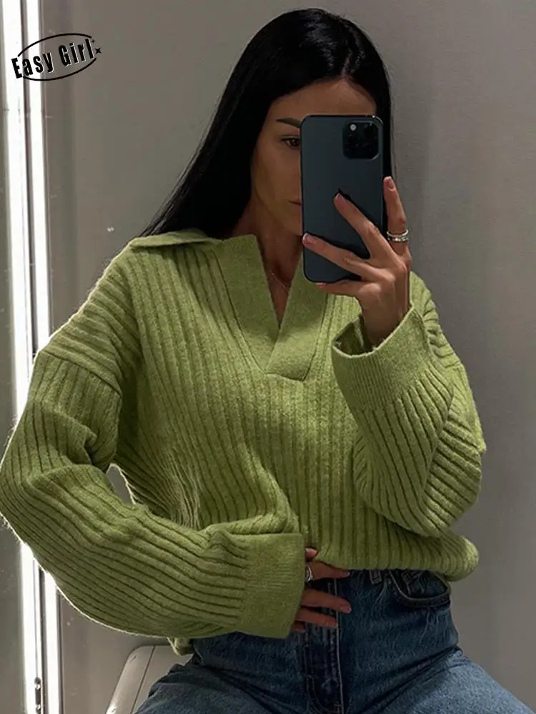 

Винтажные вязаные женские свитера с V-образным вырезом, зеленые теплые свободные женские пуловеры в рубчик с лацканами, новинка 2022, зимние ш...