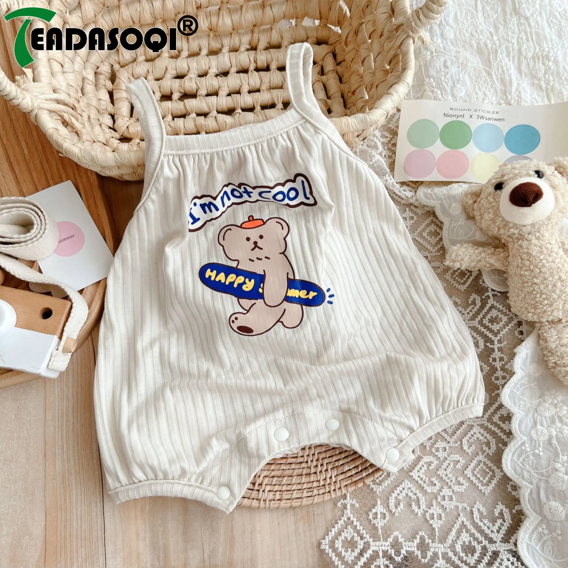 

Beige Cute Cartoon Bear Sling Jumpsuit for Infants Toddlers - 90% Cotton, Thin, Breathable Perfect Summer Kids Baby Romper