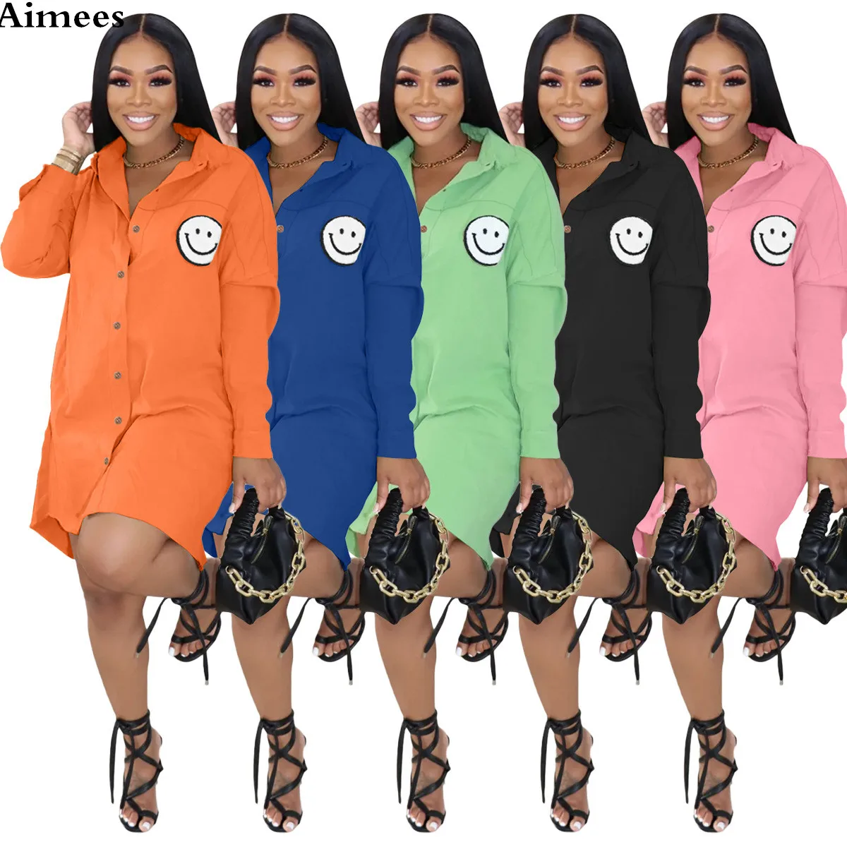 

Модное свободное женское платье-рубашка с буквенным принтом, однобортное платье с длинными рукавами и отложным воротником, повседневные пр...