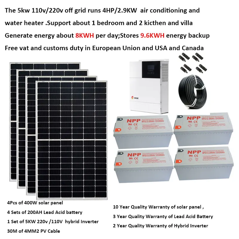 Solar Panel Kit Complete With Battery 5000W 220V 110V Solar Panel 400W UPS Hybrid Inverter Off Grid System 4HP Farm Car Caravan
