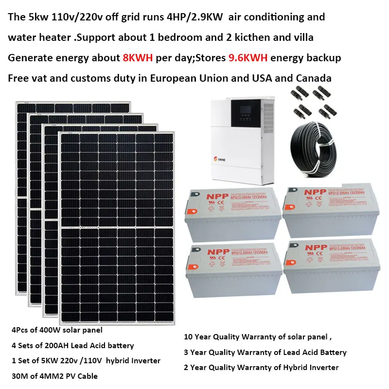 

Solar Panel Kit Complete With Battery 5000W 220V 110V Solar Panel 400W UPS Hybrid Inverter Off Grid System 4HP Farm Car Caravan