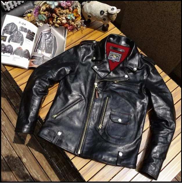 

Free shipping.Retro Classic Rider Genuine leather jacket.Cool J24 Italy tanned horsehide coat.Tea core leather cloth.Hot.