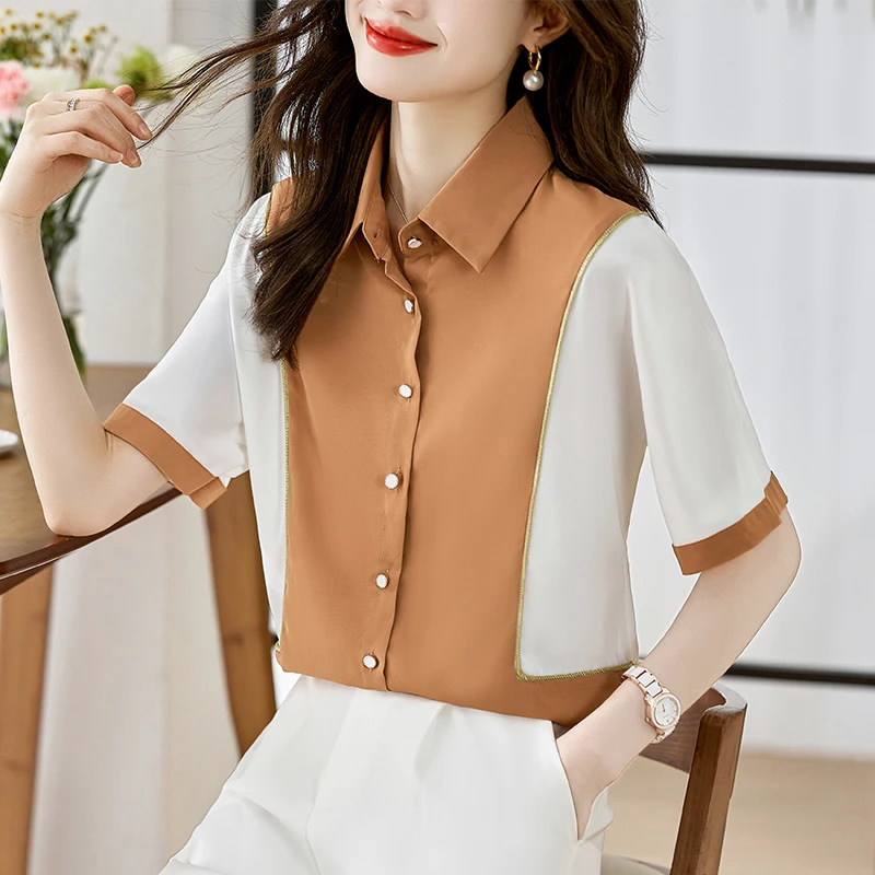 

Short sleeved Satin shirt 2023 Summer Women Tops Elegant Fashion Turndown Collar Professional Blouse