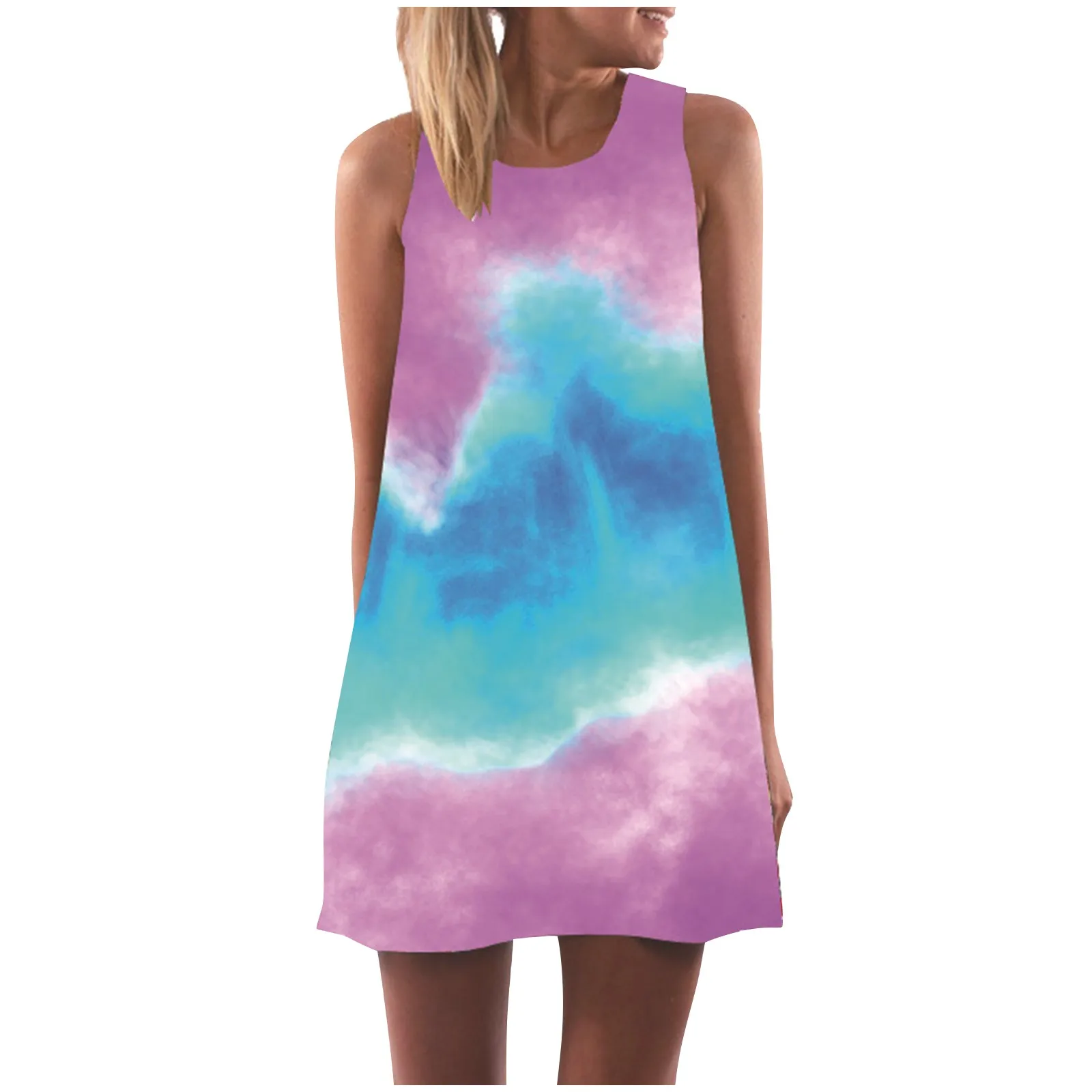 

Women's Loose Printed Sleeveless Dress Fashion Neck Round Summer Casual Women's Dress Robe Lace Loose Woman