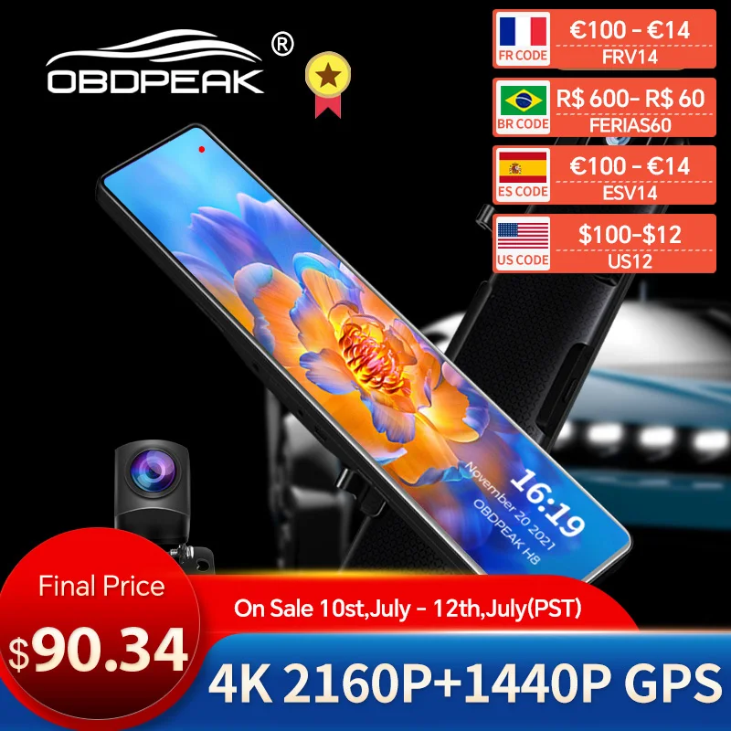 Автомобильный видеорегистратор H8 UHD 2160P 4K, зеркало заднего вида Sony IMX415 с Wi-Fi, Автомобильный видеорегистратор с GPS-треком и функцией ночного видения, 1440P