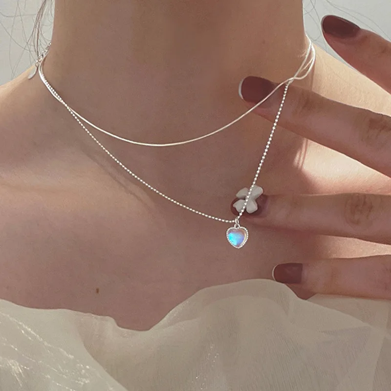 

Korean Double Long Layered Moonstone Heart Necklace Sweet Gradient Gemstone Peach Heart Collarbone Chain Necklace for Women