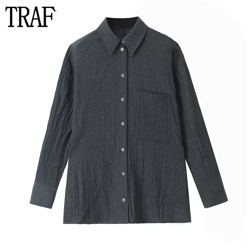 

TRAF 2023 Women's Shirt Pleated Button up Shirt Woman Grey Oversized Shirts and Blouses for Women Long Sleeve Blouse Female