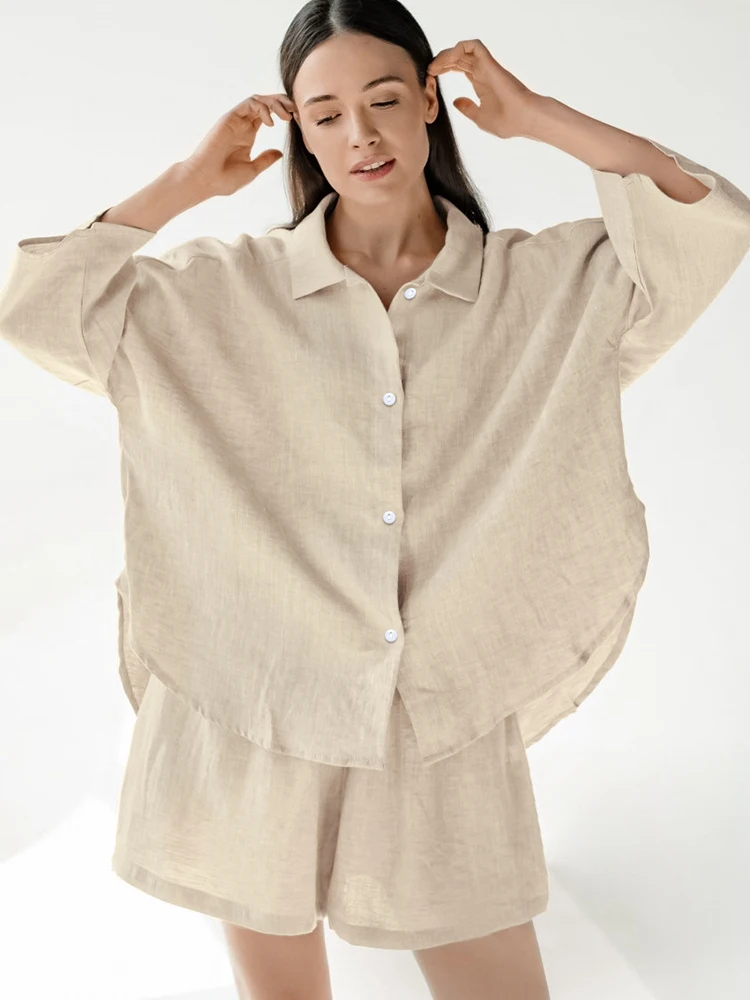 

Свободная Женская домашняя одежда Restve, комплект из 2 предметов, хлопковая одежда для сна с рукавом три четверти, женские костюмы с шортами, лето 2023