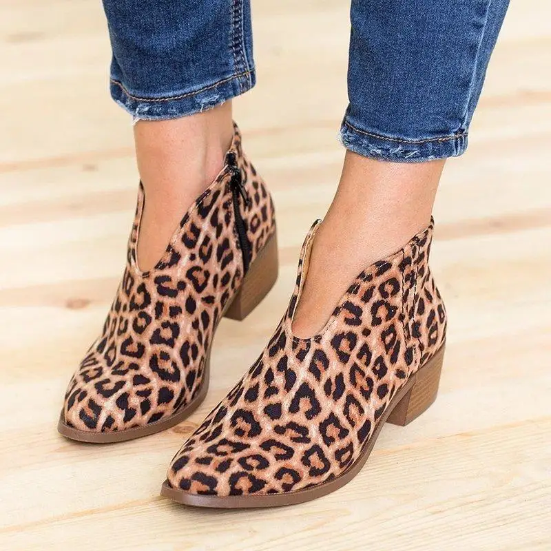 

Retro Women Chelsea Boots Square Heel Leopard Casual Shoes Pointed Toe Women's Boots Western Woman High Heel Ankle Botas