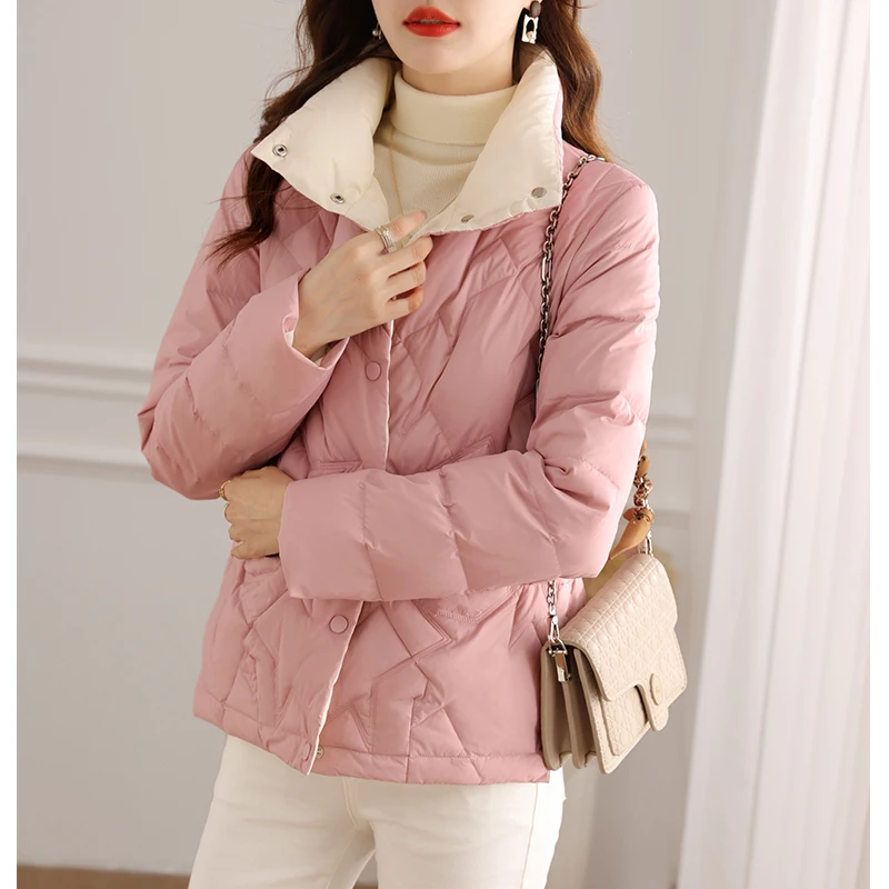 Vimly Short Light Down Jacket Coat for Women 2022 Elegant Chic Pink Stand Collar Long Sleeve Winter Warm Duck Down Coats 50503