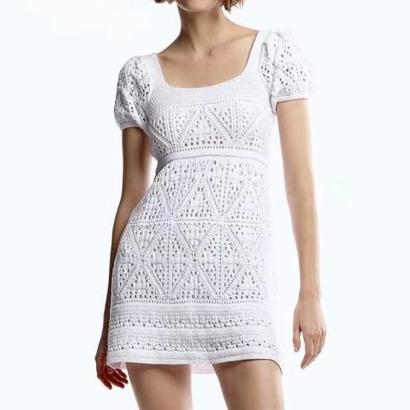 

2022 Summer Women Fashion White Crochet Knit Dress Versatile Short Sleeve Square Collar Female Short Dress BB22628