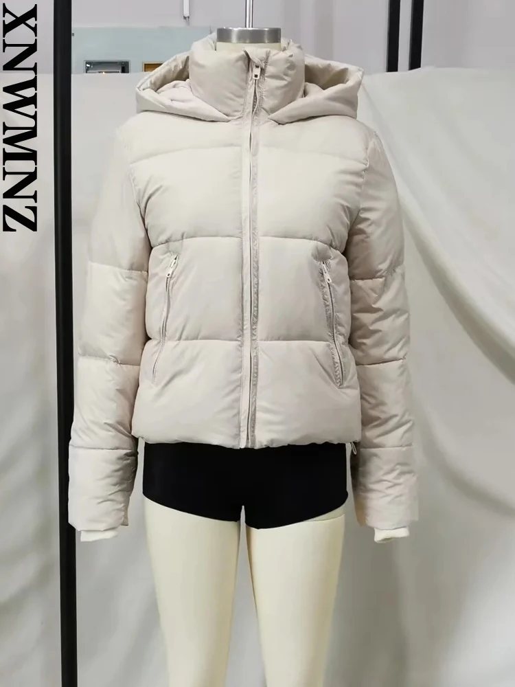 XNWMNZ Women Fashion Hooded Thick Warm Padded Parkas Coat Vintage High Neck Front Zip Female Outerwear Chic Tops