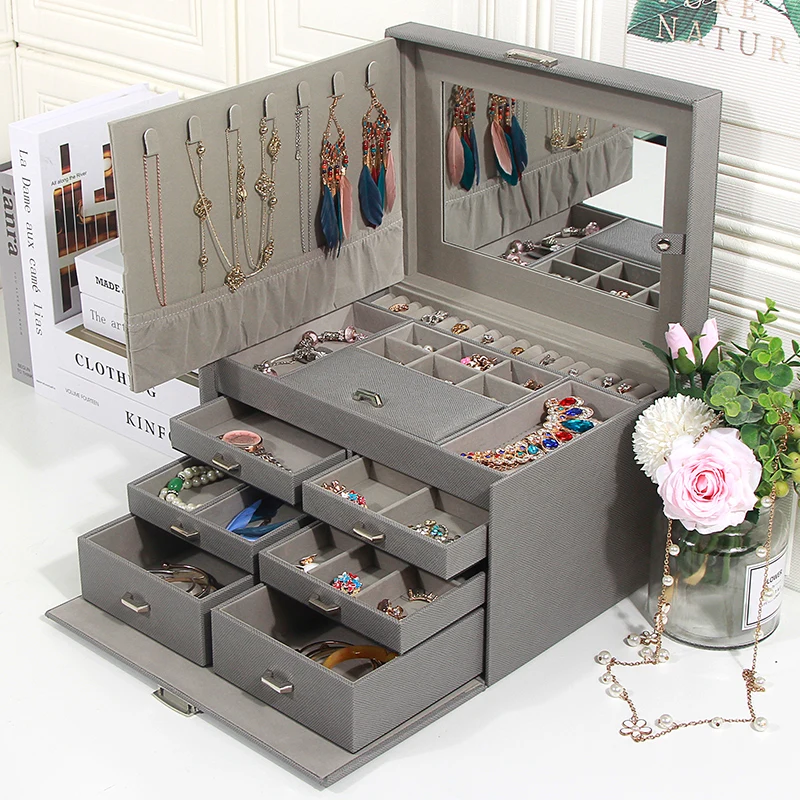Large Capacity Jewelry Box Storage Organizer Case with Lock Korean Wooden Multi Layer Jewelry Storage Organizer Earrings Box
