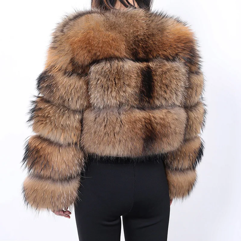 Women's Fashion Full Pelt Coats Real Round Neck Warm Fur Coat Real Natural Raccoon Jacket Natural Long Sleeve enlarge