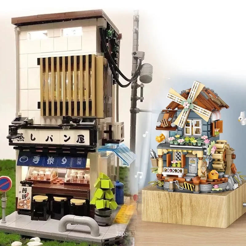 

Christmas Music Box Steamed Bun Shop Model Japanese Architecture Tiny House City Street View Building Block Brick Kids Toy Gift