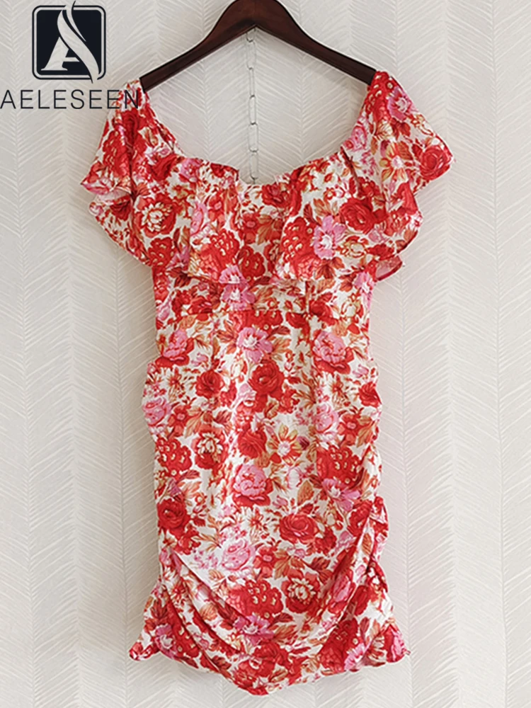 

AELESEEN Runway Fashion 2022 Summer Elegant Mini Dress Women Red Flowers Printed Slim Ruffles Pleat Party Casual