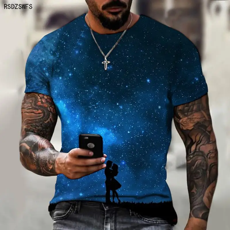 

Летняя дышащая креативная трендовая футболка с круглым вырезом для мужчин и женщин, 3D печать, космос, звезда, ночное небо, планеты, научная ф...