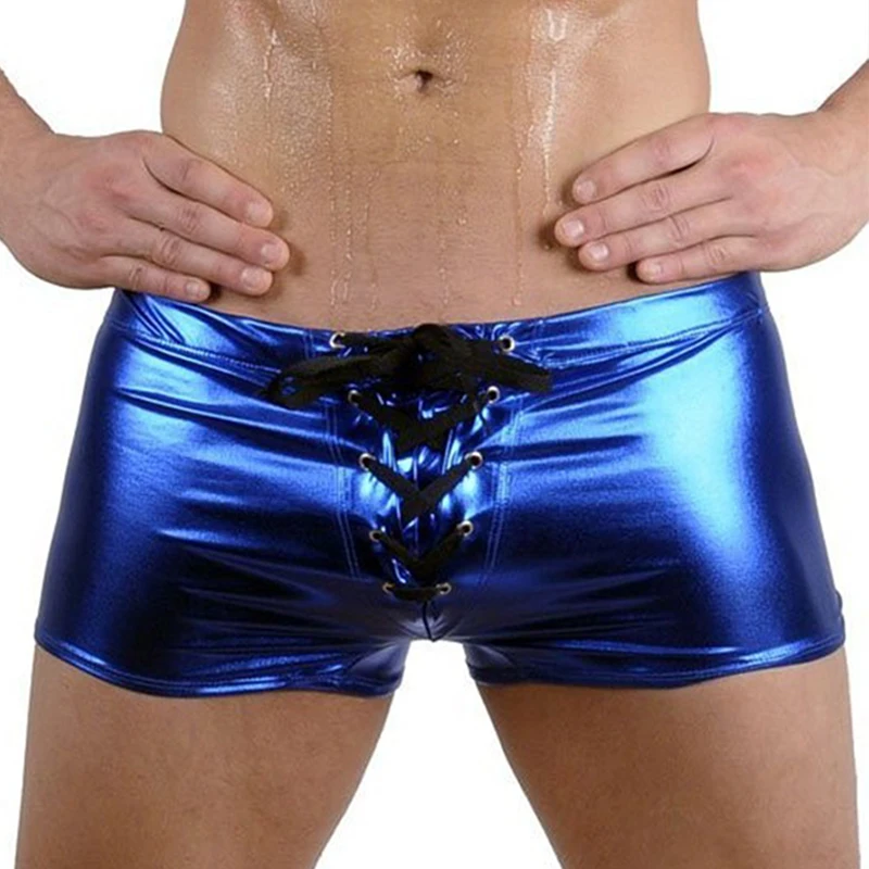 

Lace Up Men'S Swim Shorts Faux Patent Leather Swimwear Hot Stamping Fashion Boxer Men'S Underwear Panties Sexy Lingerie
