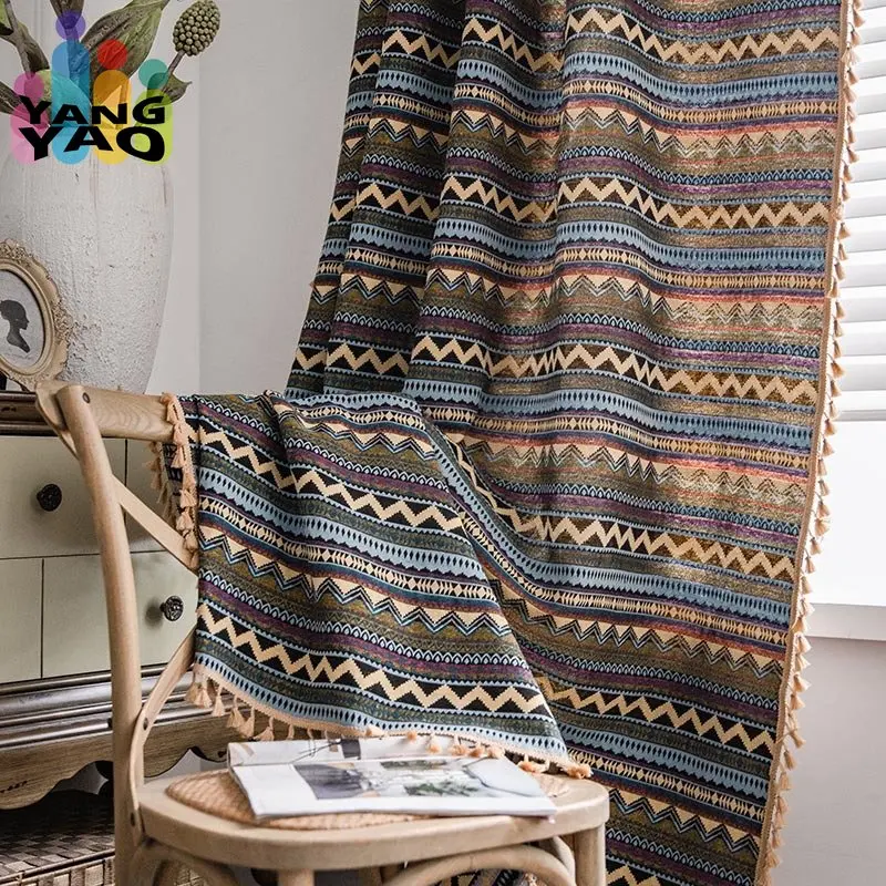 

Шторы в богемном стиле, полузатемняющие занавески из полиэстера, хлопка, с кисточками, для гостиной, спальни, желтого и черного цвета