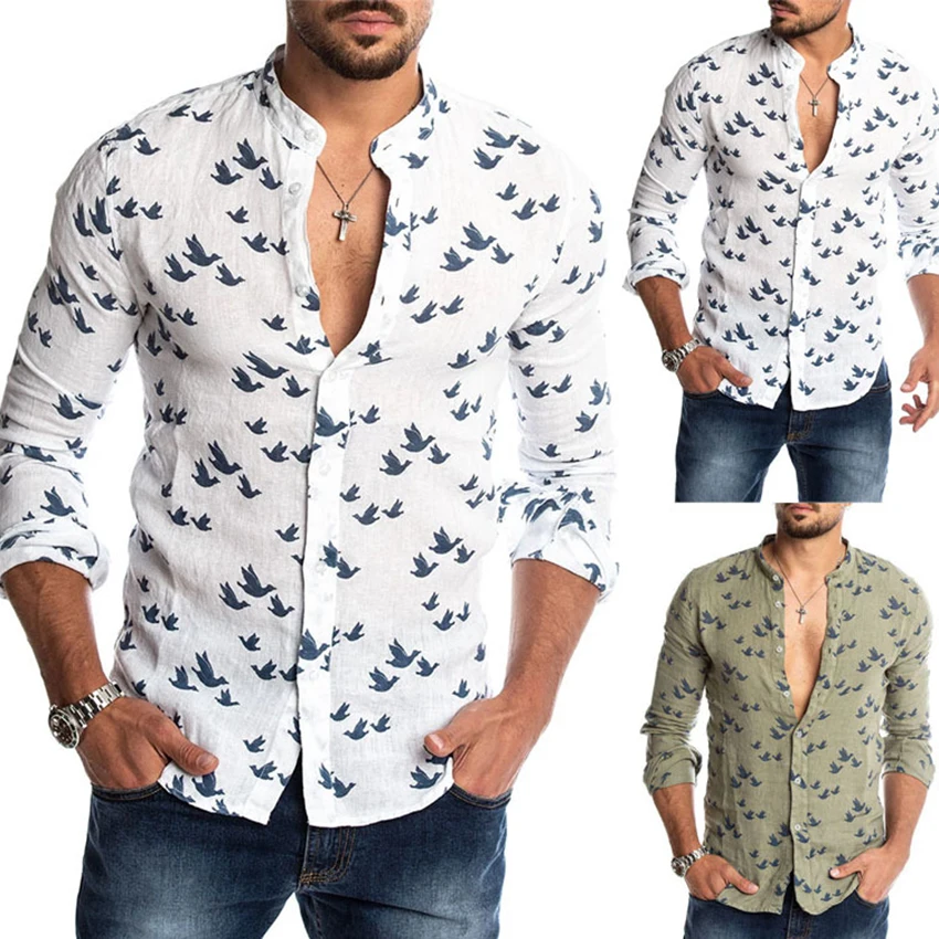 

Men's Casual Bird Print T-shirts Stand Collar Slim Fit T Shirt For Men Long Sleeve Button Tops Man Clothing Shirt