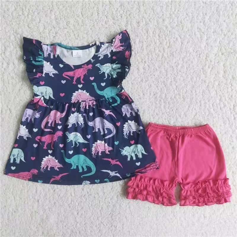 

girl clothing set summer flutter sleeve dinosaur top and hot pink shorts toddler baby girl shorts set kids suit set