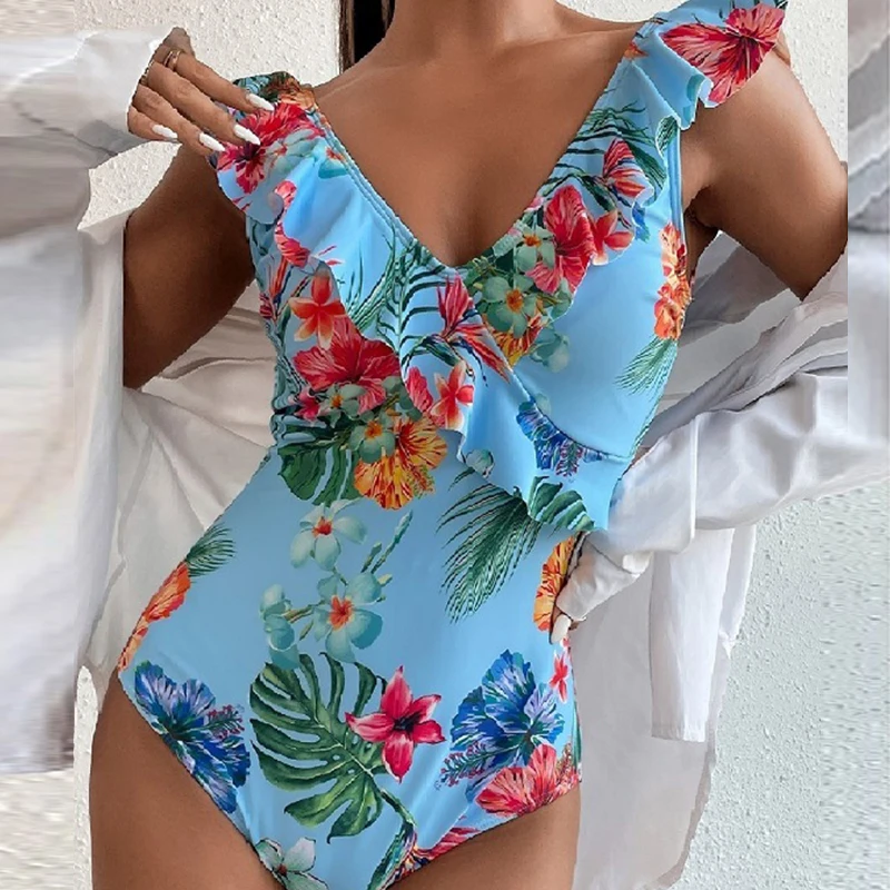 

New Fashion V Neck Floral Print Beachwear Sexy Ruffles Push Up Bodysuit Bikini Women's One Piece Pleated Flying Sleeve Swimsuit