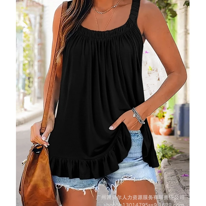 

Women O Neck Solid Color Sleeveless Camis Tanks Tops Fashion Casual Summer Ruched Ruffles Thick Strap Tank Top