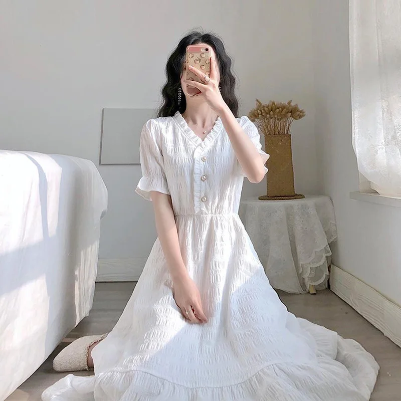 

2022 Summer New Dress Female French Retro Fashion Temperament Casual Skirt Womens Long Waist Short Sleeve Pullover Dresses
